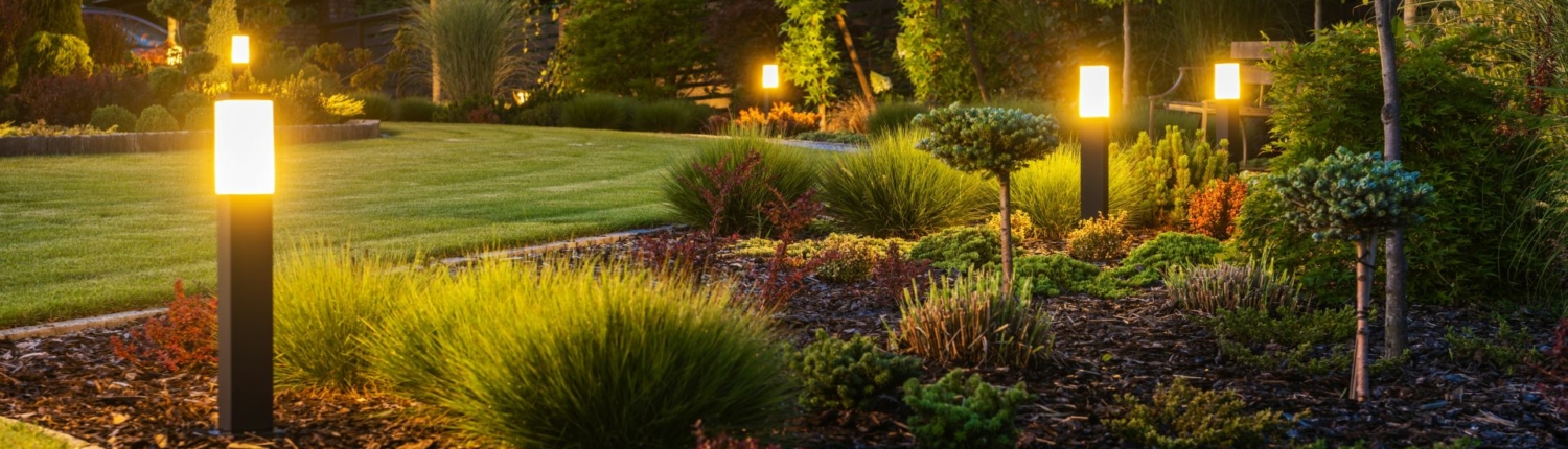 Panoramic,Photo,Of,Led,Light,Posts,Illuminated,Backyard,Garden,During
